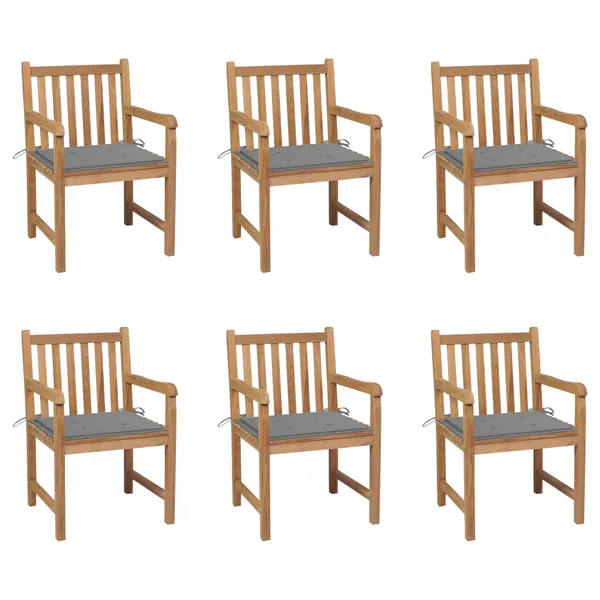 Chaises de jardin lot de 6 et coussins gris Bois de teck massif