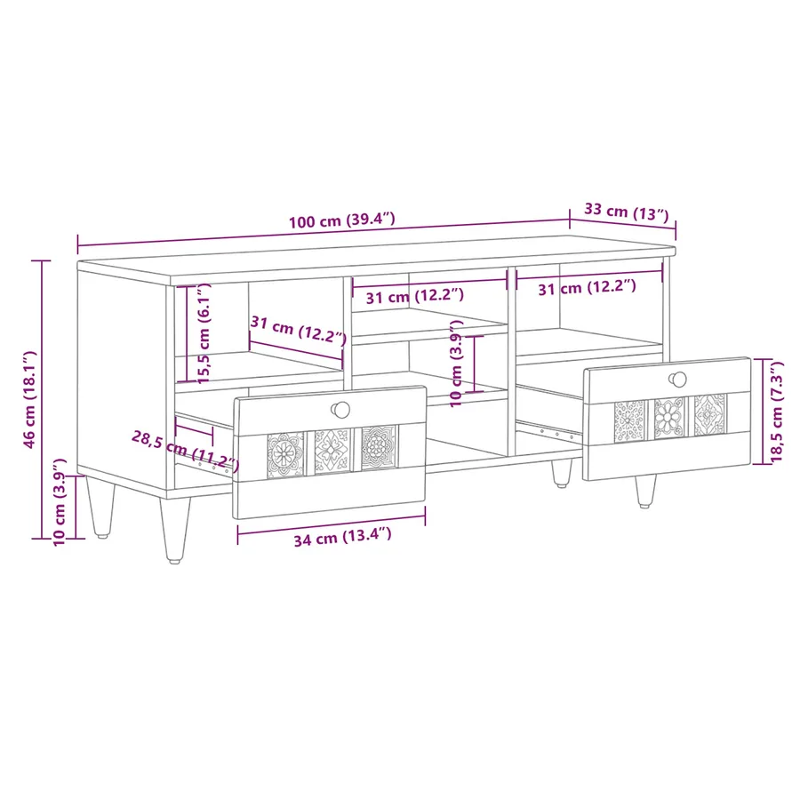 Meuble TV Naturel 100 x 33 x 46 cm Bois de mangue massif - 11