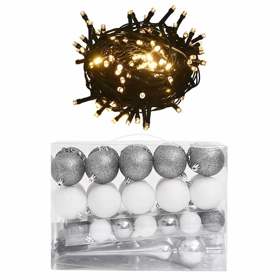 Set de boules de Noël avec pic et 150 LED 60 pcs Blanc et gris