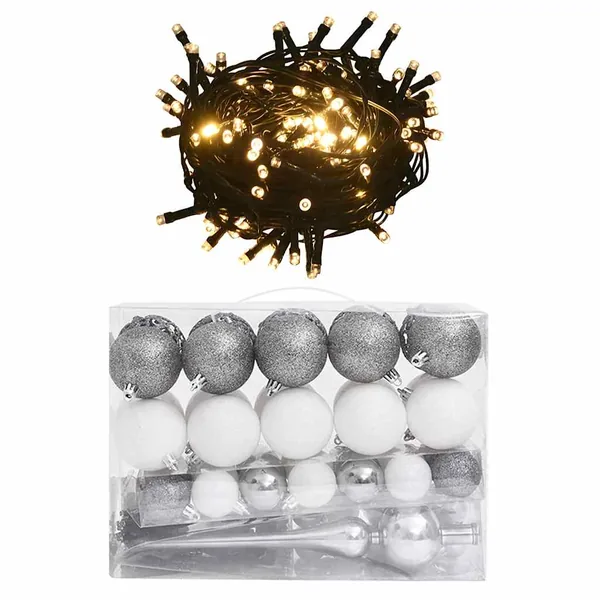 Set de boules de Noël avec pic et 150 LED 60 pcs Blanc et gris