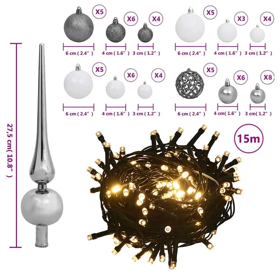 Set de boules de Noël avec pic et 150 LED 60 pcs Blanc et gris - 15