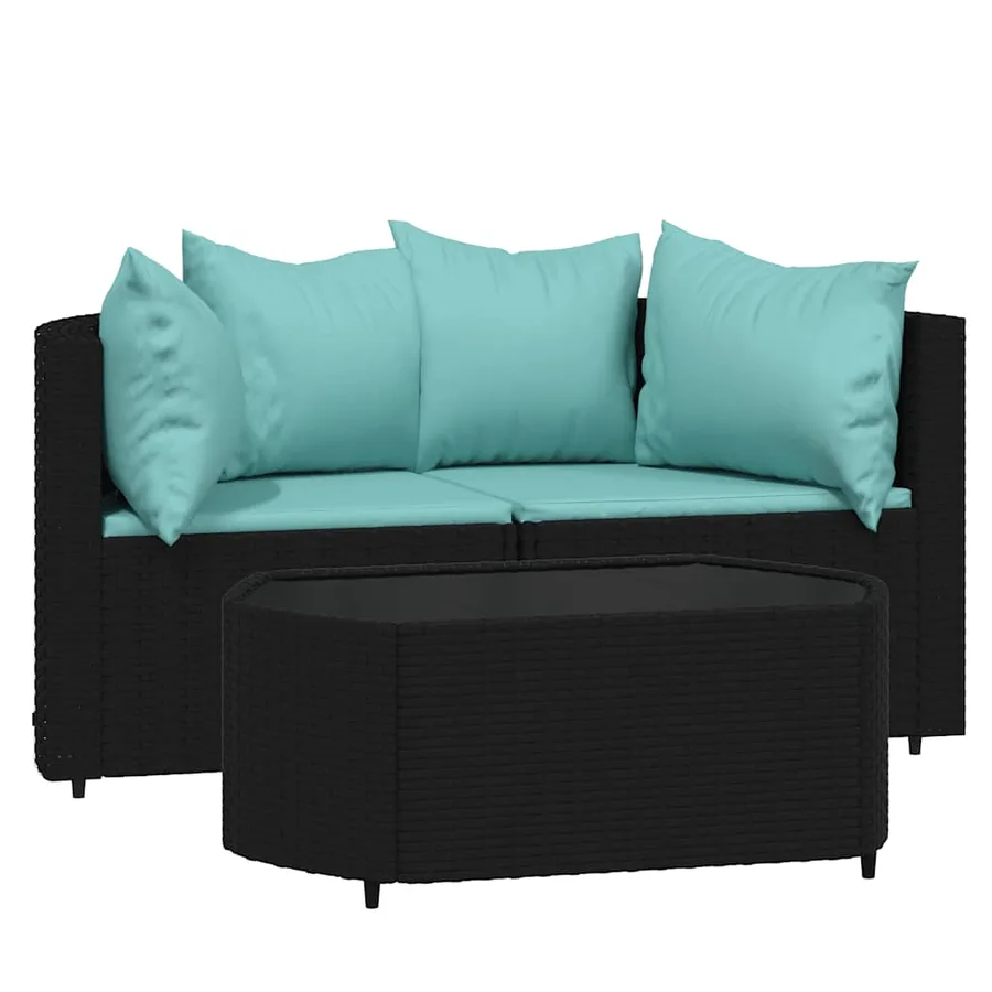 Salon de jardin 3 pcs avec coussins Noir Résine tressée - 2