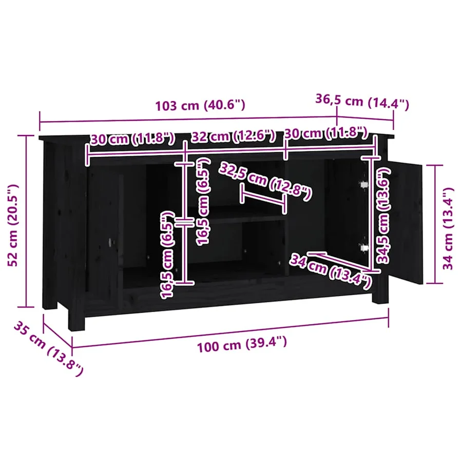 Meuble TV Noir 103x36,5x52 cm Bois de pin massif - 10