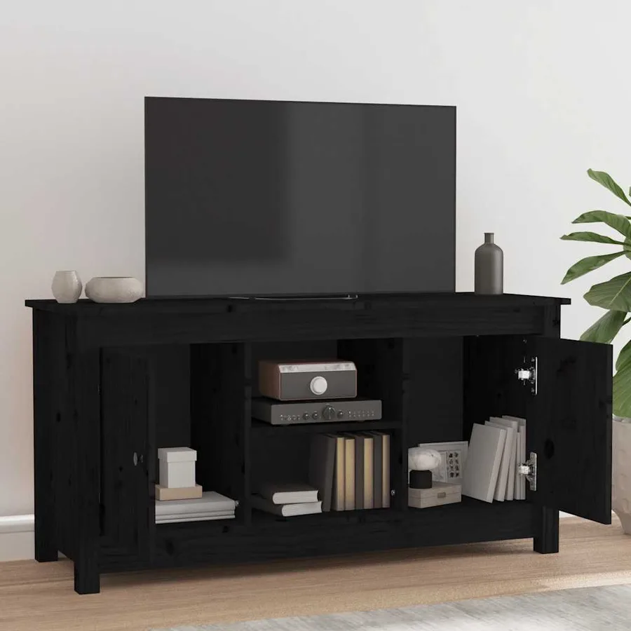 Meuble TV Noir 103x36,5x52 cm Bois de pin massif - 6