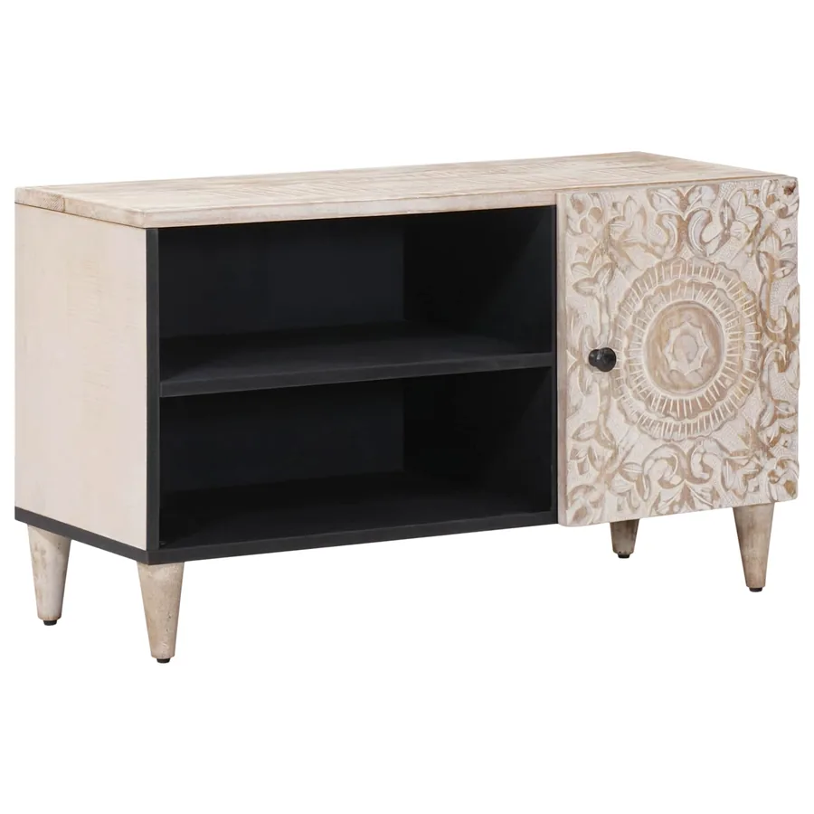 Meuble TV Blanc 80 x 31,5 x 46 cm Bois de mangue massif