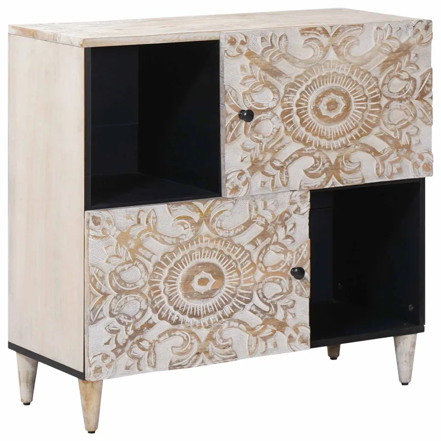 Buffet avec porte Blanc 80 x 33,5 x 75 cm Bois de mangue massif