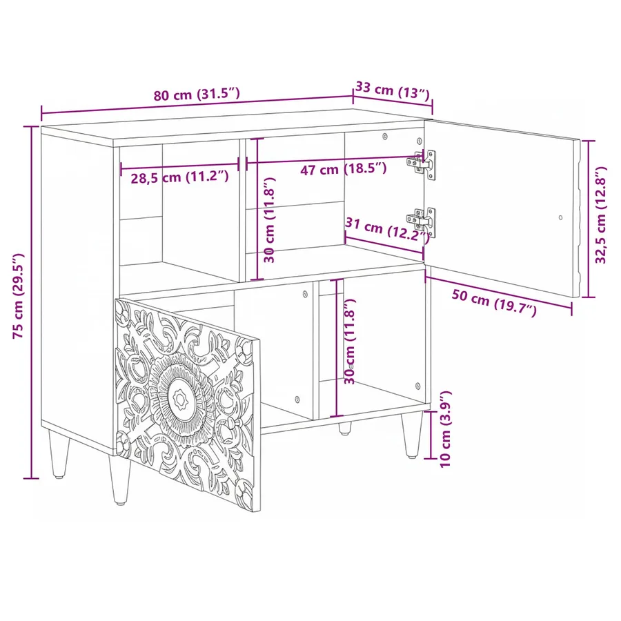 Buffet avec porte Blanc 80 x 33,5 x 75 cm Bois de mangue massif - 12