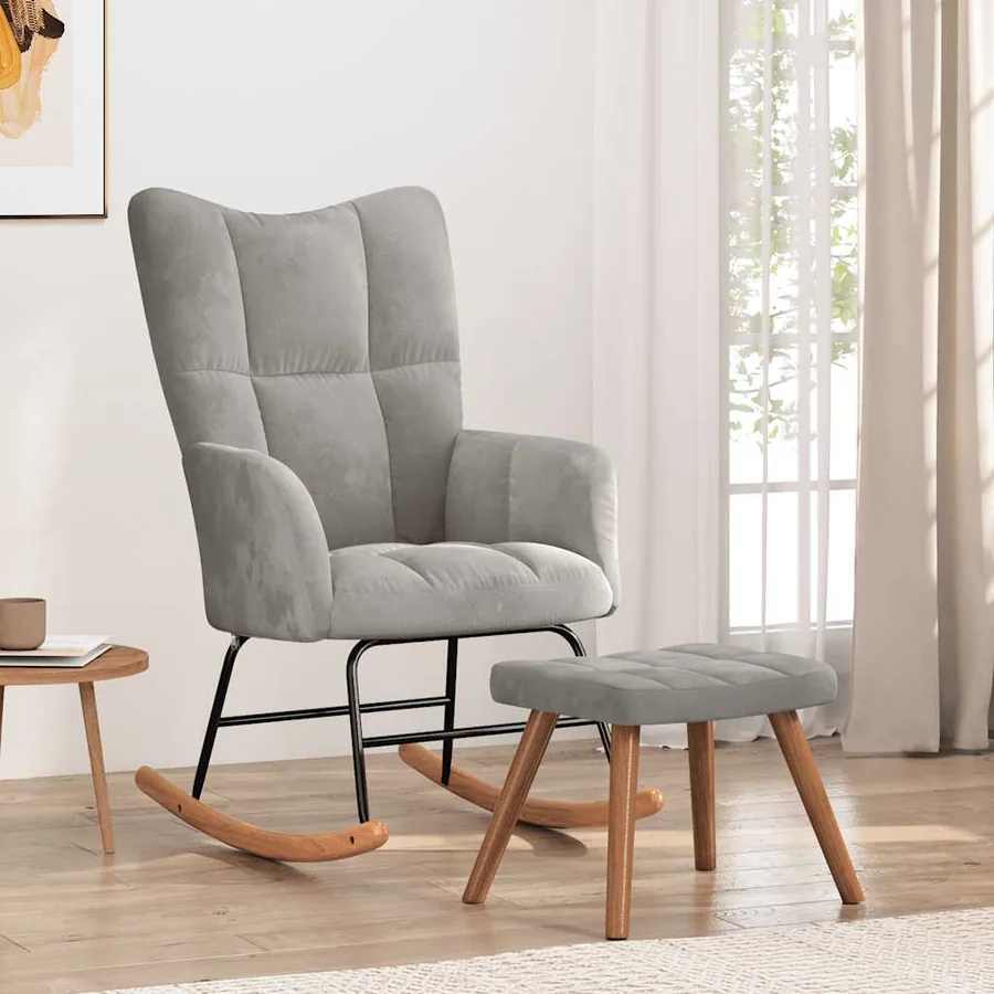 Chaise à bascule avec repose-pied Gris clair Velours