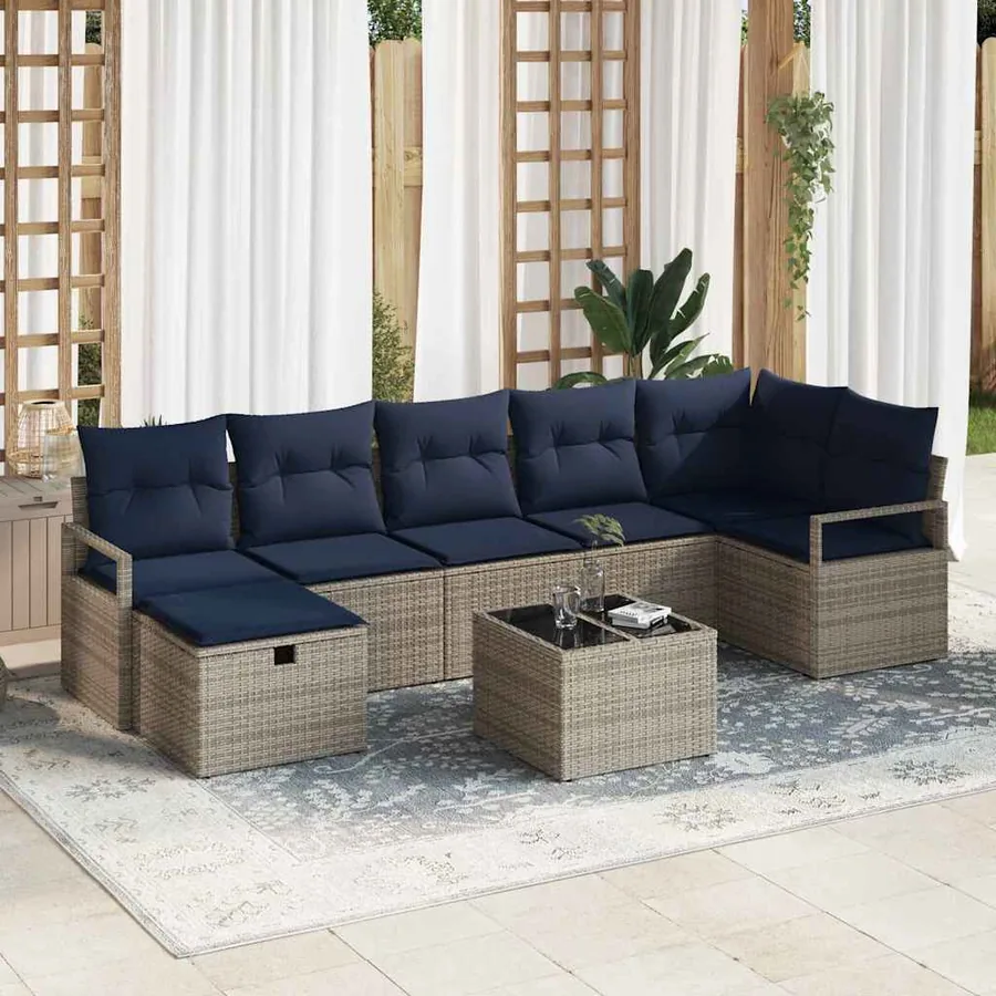 Ensemble de Canapés avec coussin 8 pcs Gris et marine polyrotin