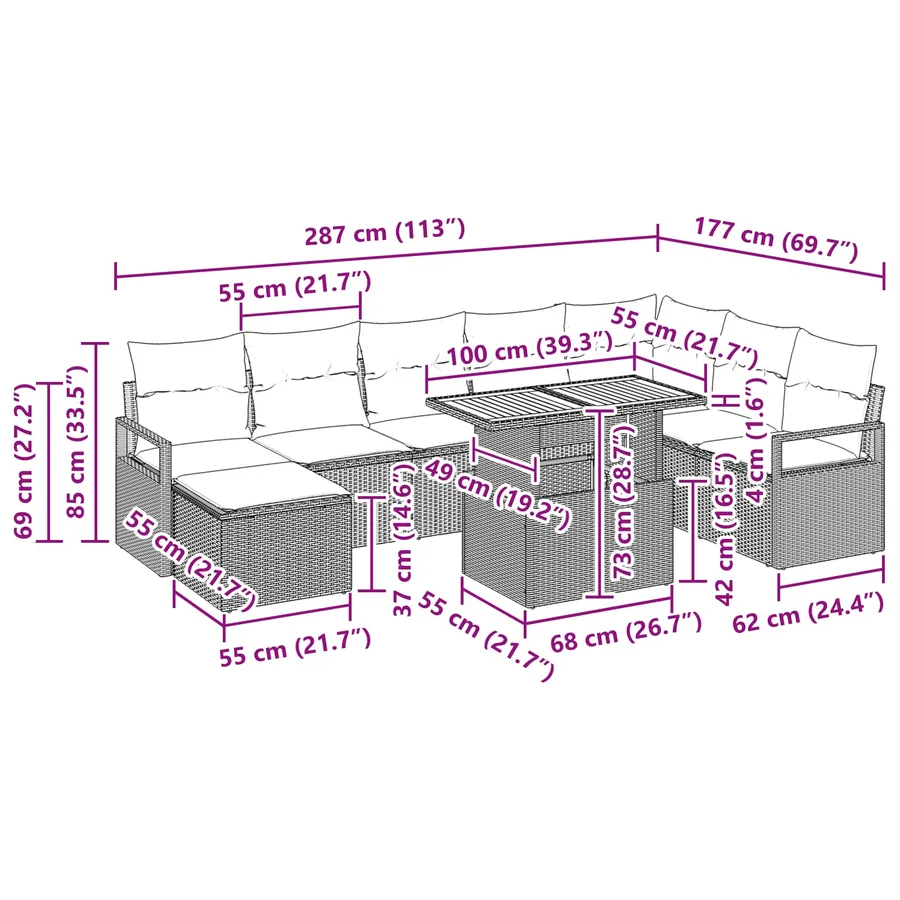 Ensemble de canapé de jardin 9 pcs Gris et marine - 12