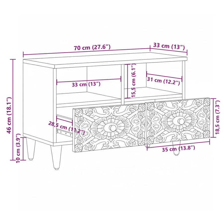 Meuble TV Blanc 70 x 33,5 x 46 cm Bois de mangue massif - 11