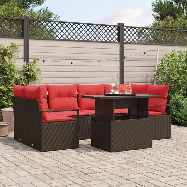 Ensemble de canapé de jardin 7 pcs Marron et rouge polyrotin