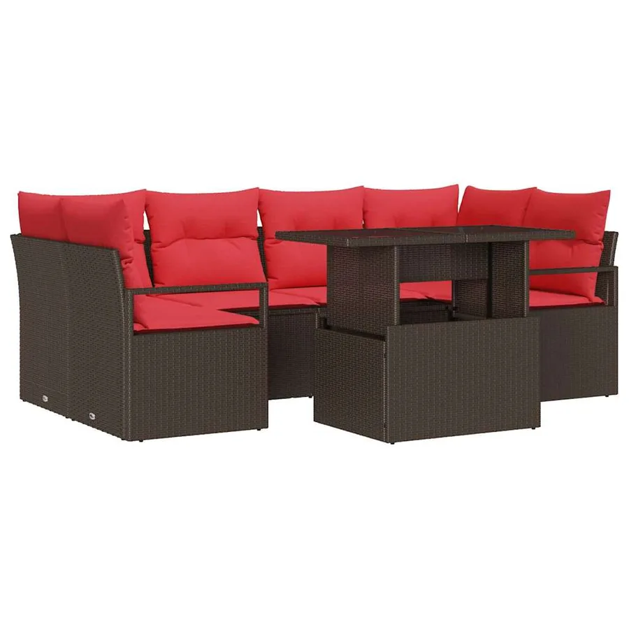 Ensemble de canapé de jardin 7 pcs Marron et rouge polyrotin - 2