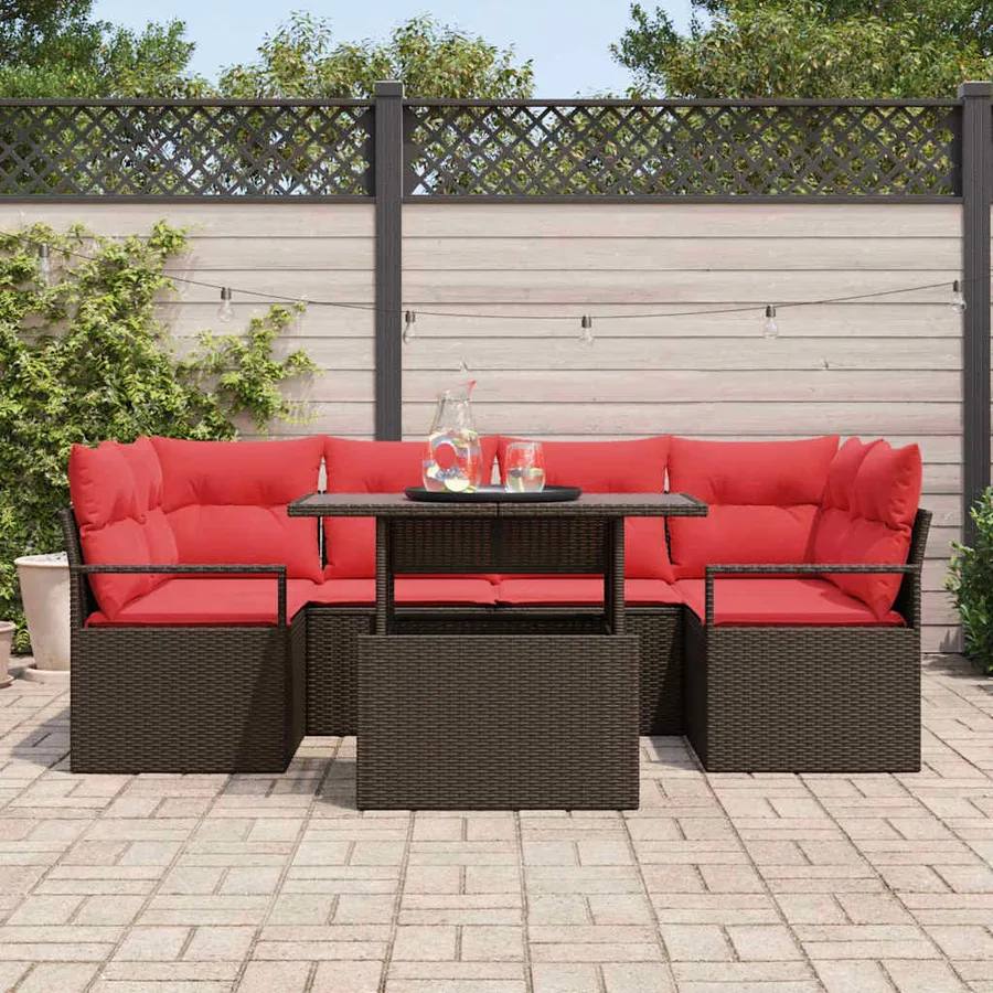 Ensemble de canapé de jardin 7 pcs Marron et rouge polyrotin - 3