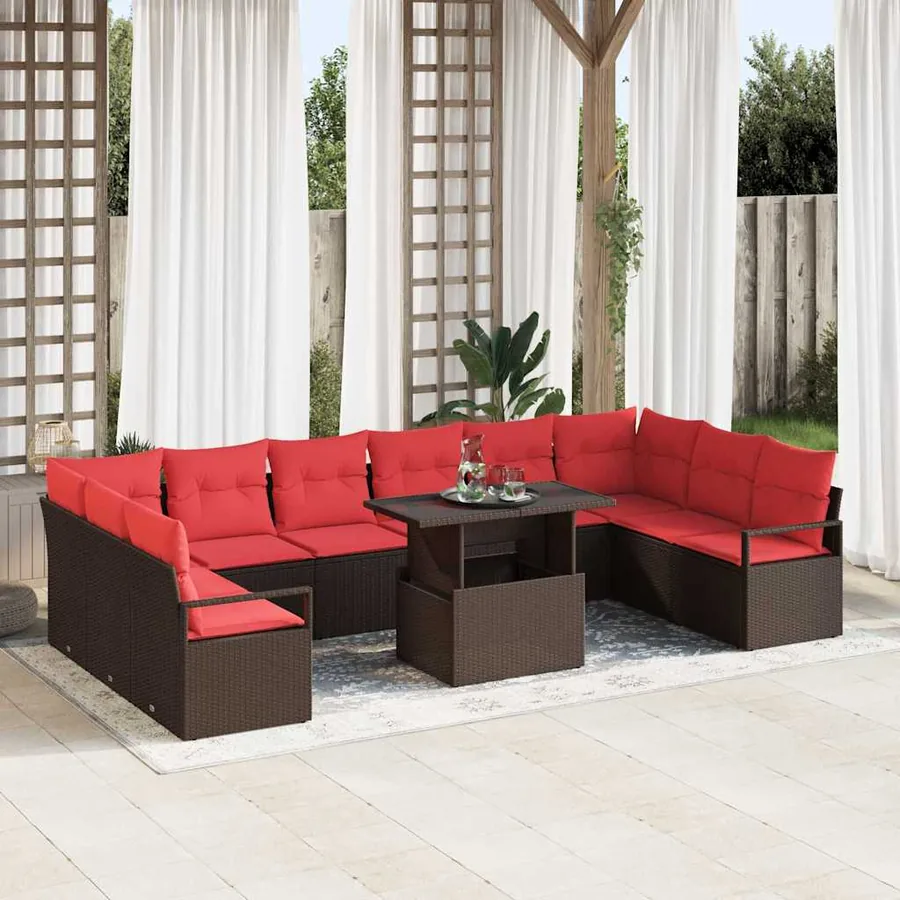 Ensemble de canapé de jardin 11 pcs Marron et rouge polyrotin