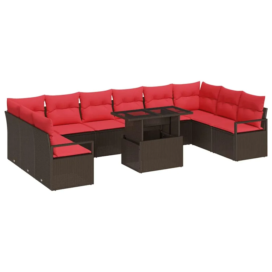 Ensemble de canapé de jardin 11 pcs Marron et rouge polyrotin - 2