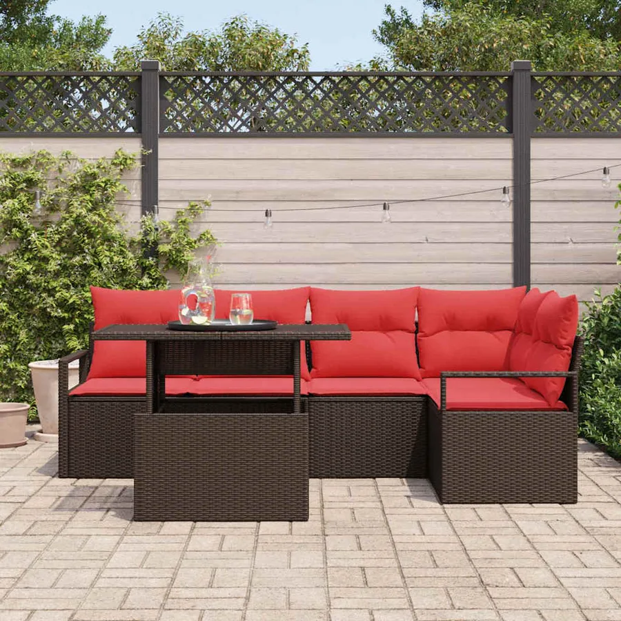 Ensemble de canapé de jardin 6 pcs Marron et rouge polyrotin - 3