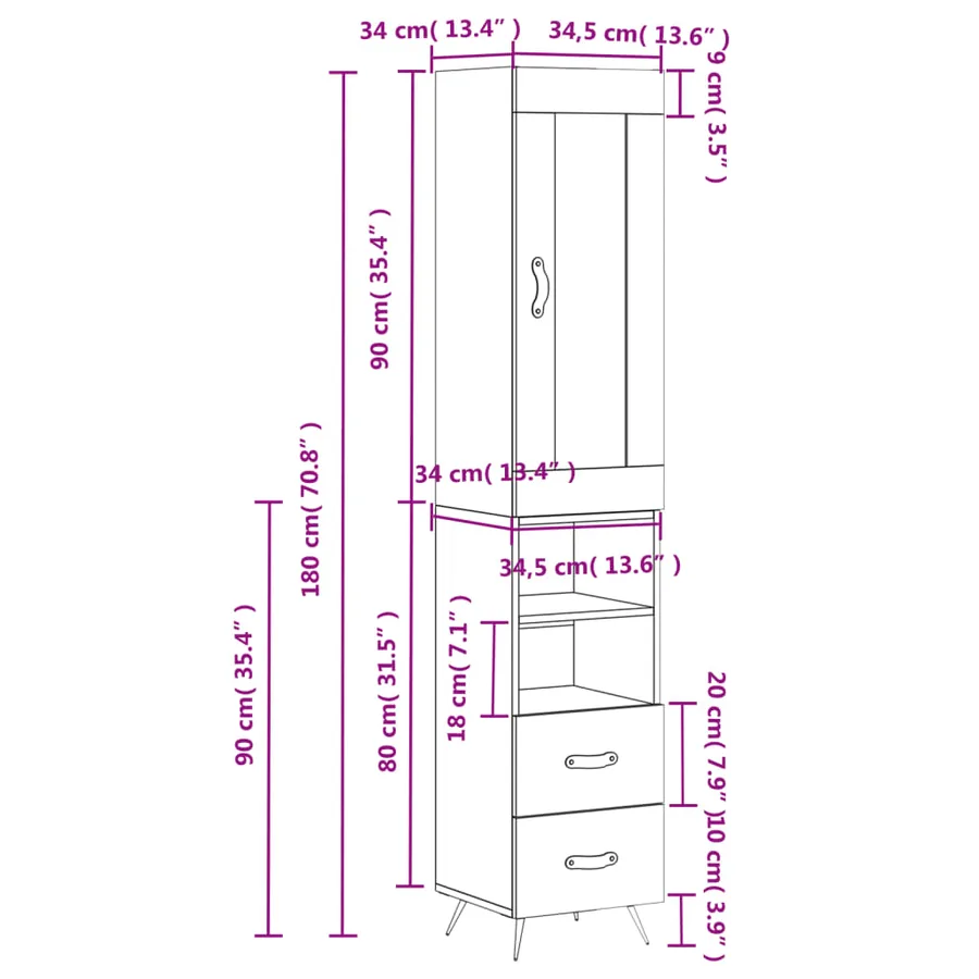 Buffet haut Blanc brillant 34,5x34x180 cm Bois d'ingénierie - 14