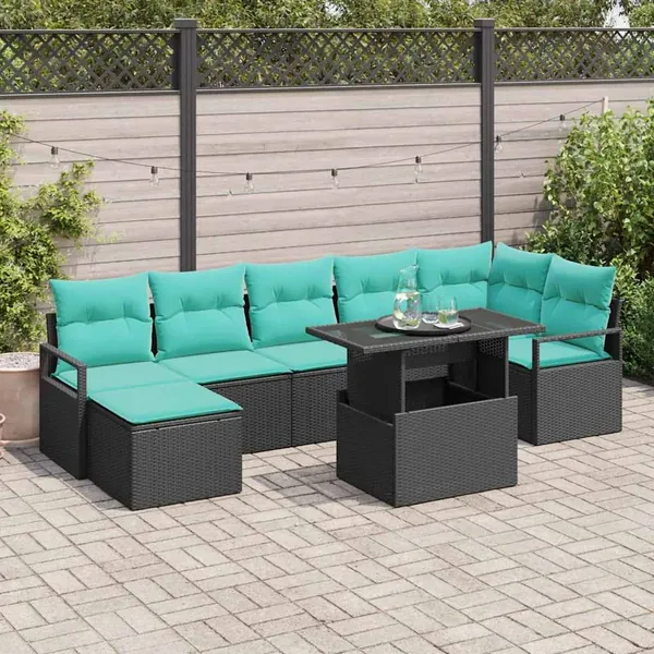 Ensemble de canapé de jardin 8 pcs Noir et Bleu polyrotin