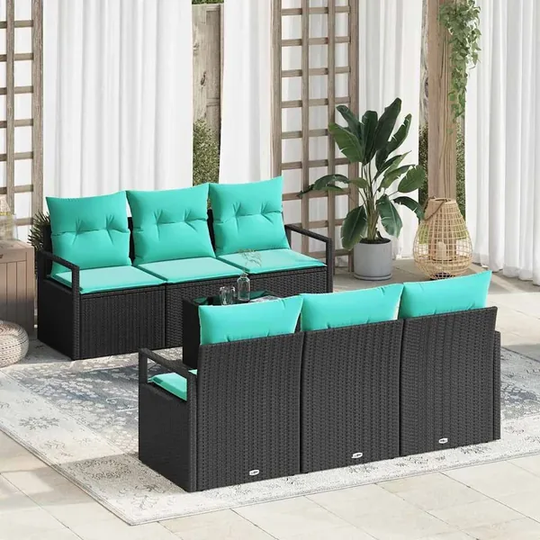Ensemble de Canapés 7 pcs Noir et turquoise polyrotin