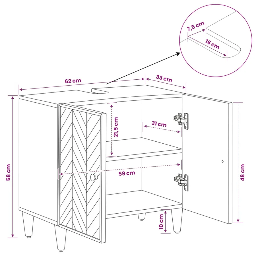 Armoire d'évier Marron 62 x 33 x 58 cm Bois de mangue massif - 12