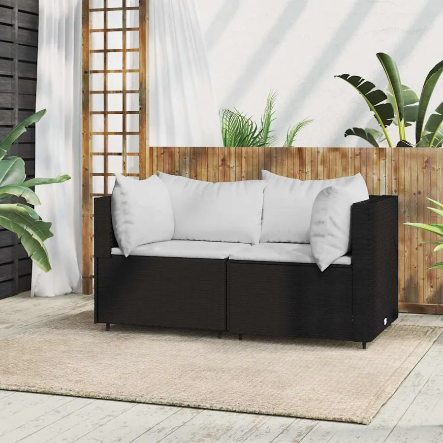 Canapé d'angle de jardin avec coussins Noir Résine tressée