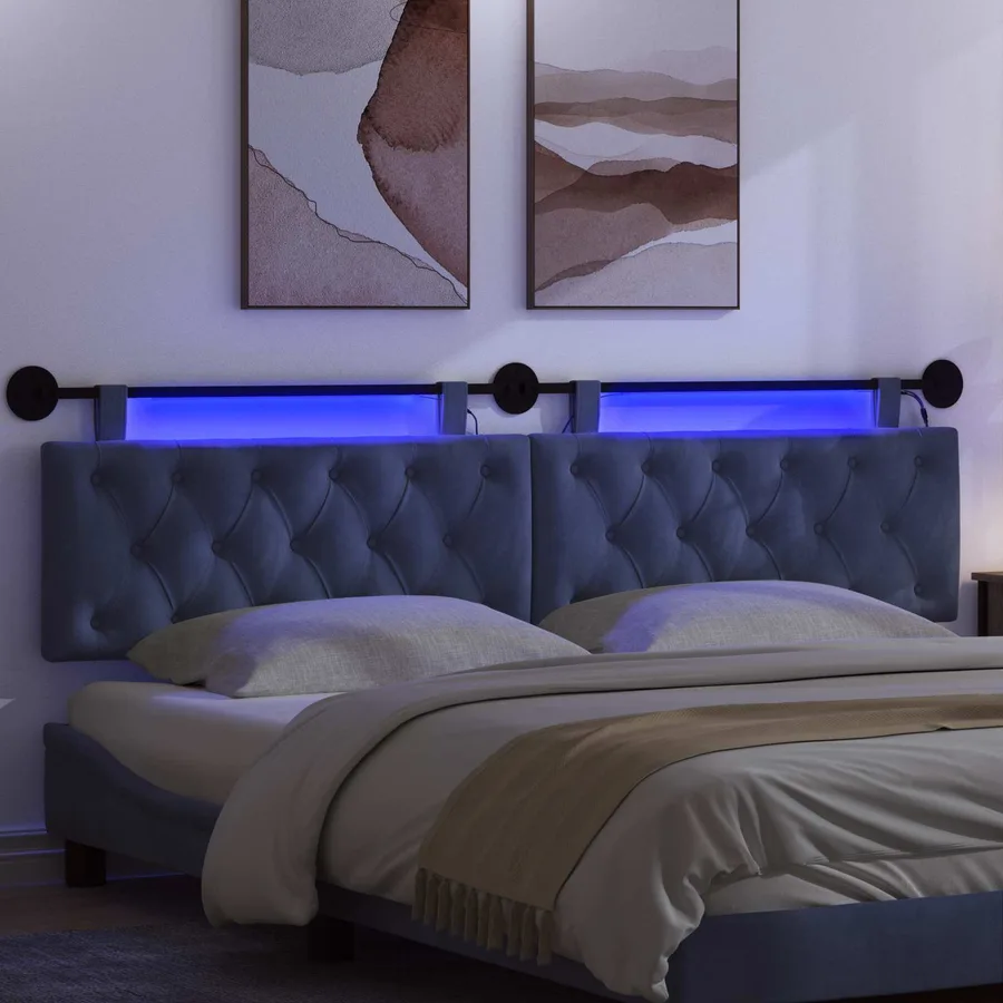Tête de lit suspendue Avec lumière LED Bleu police Velours - 5