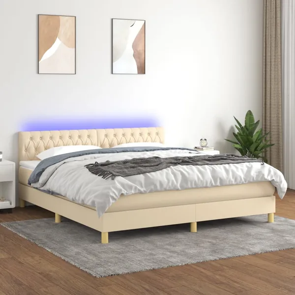 Sommier à lattes de lit avec matelas LED Crème 180x200 cm Tissu