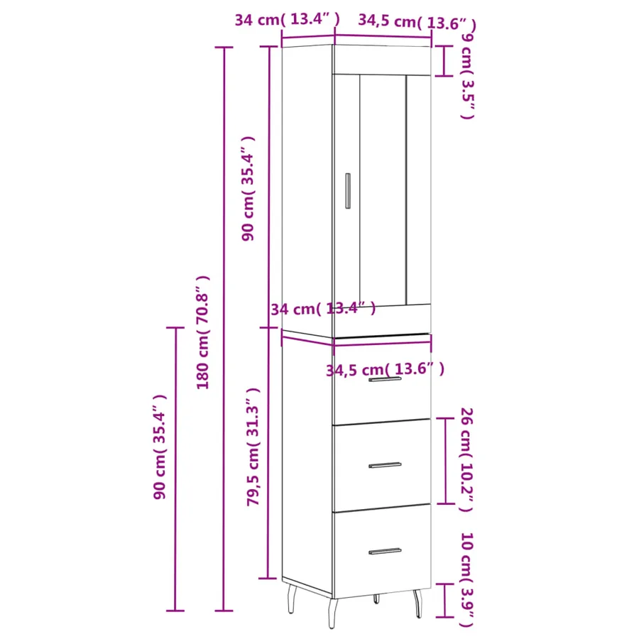 Buffet haut Blanc 34,5x34x180 cm Bois d'ingénierie - 14