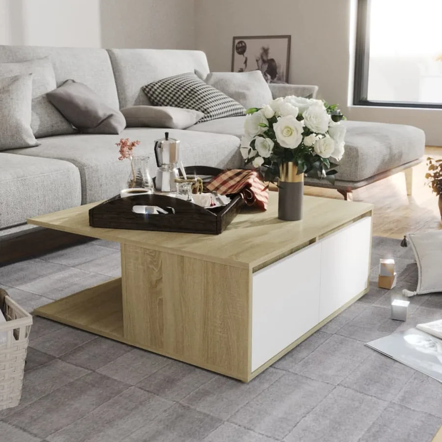 Table basse blanc et chêne sonoma 80x80x31 cm bois d'ingénierie