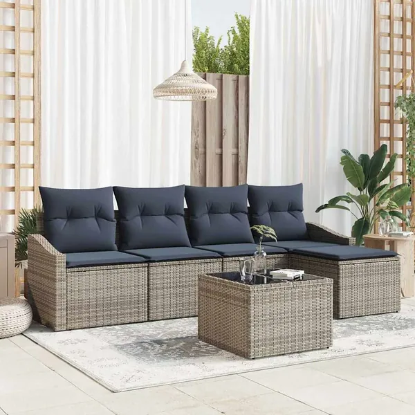 Ensemble de Canapés avec coussin 6 pcs Gris et marine polyrotin