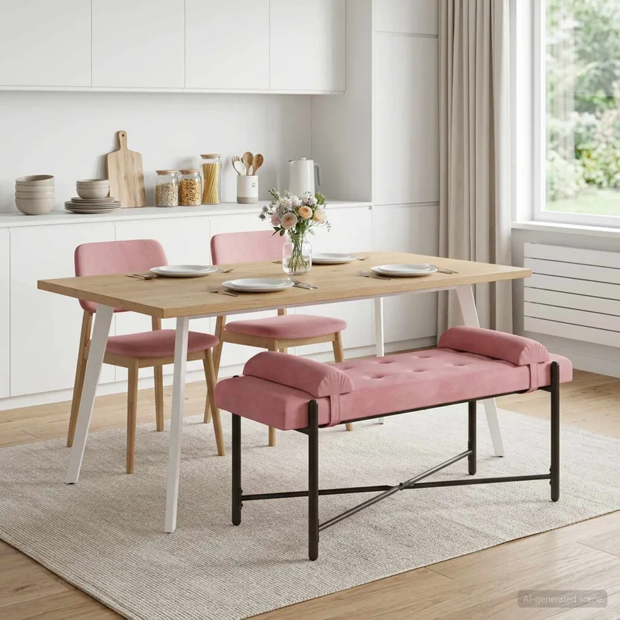 Banc capitonné à boutons avec coussins Rose 110 x 40 x 46 cm - 3