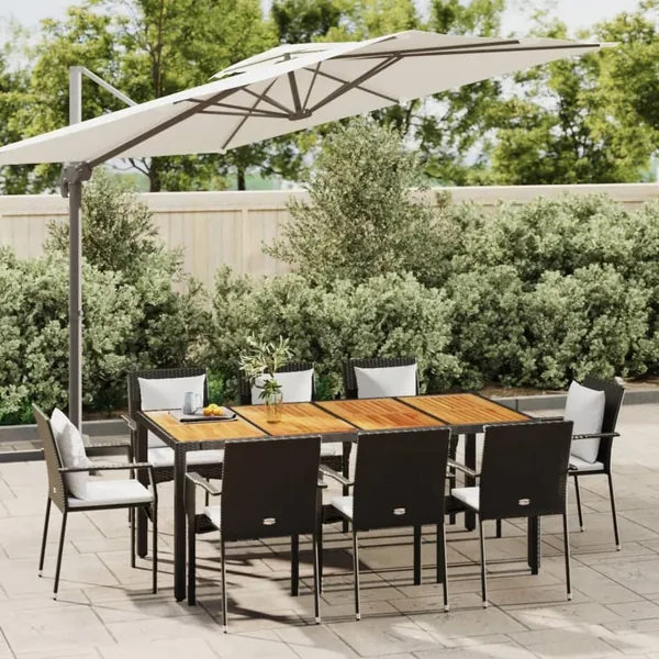 Ensemble à manger jardin 9pcs et coussins noir résine tressée