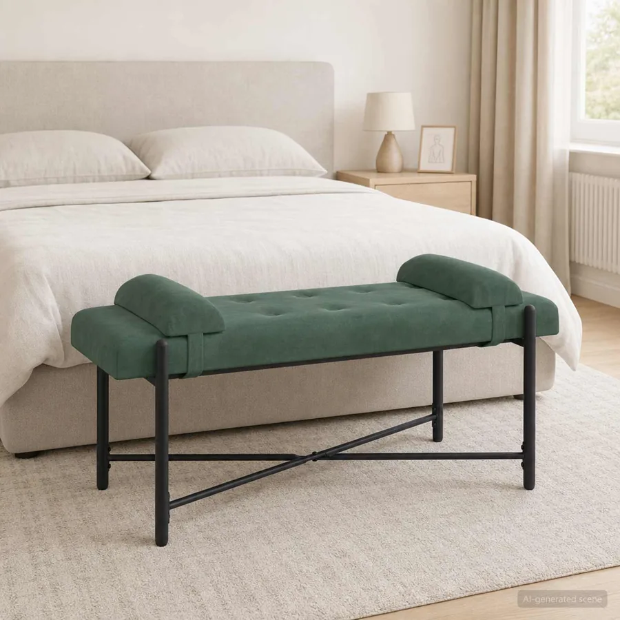 Banc capitonné à boutons avec coussins Vert Mer Velours