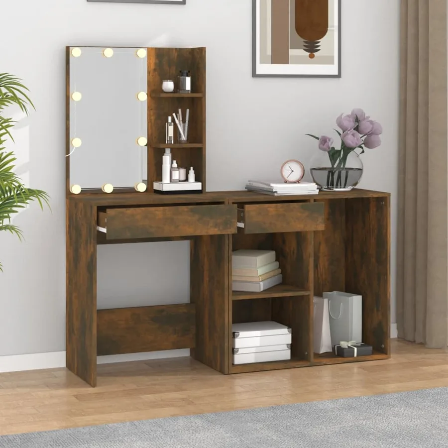 Coiffeuse à LED avec armoire Chêne fumé Bois d'ingénierie - 3