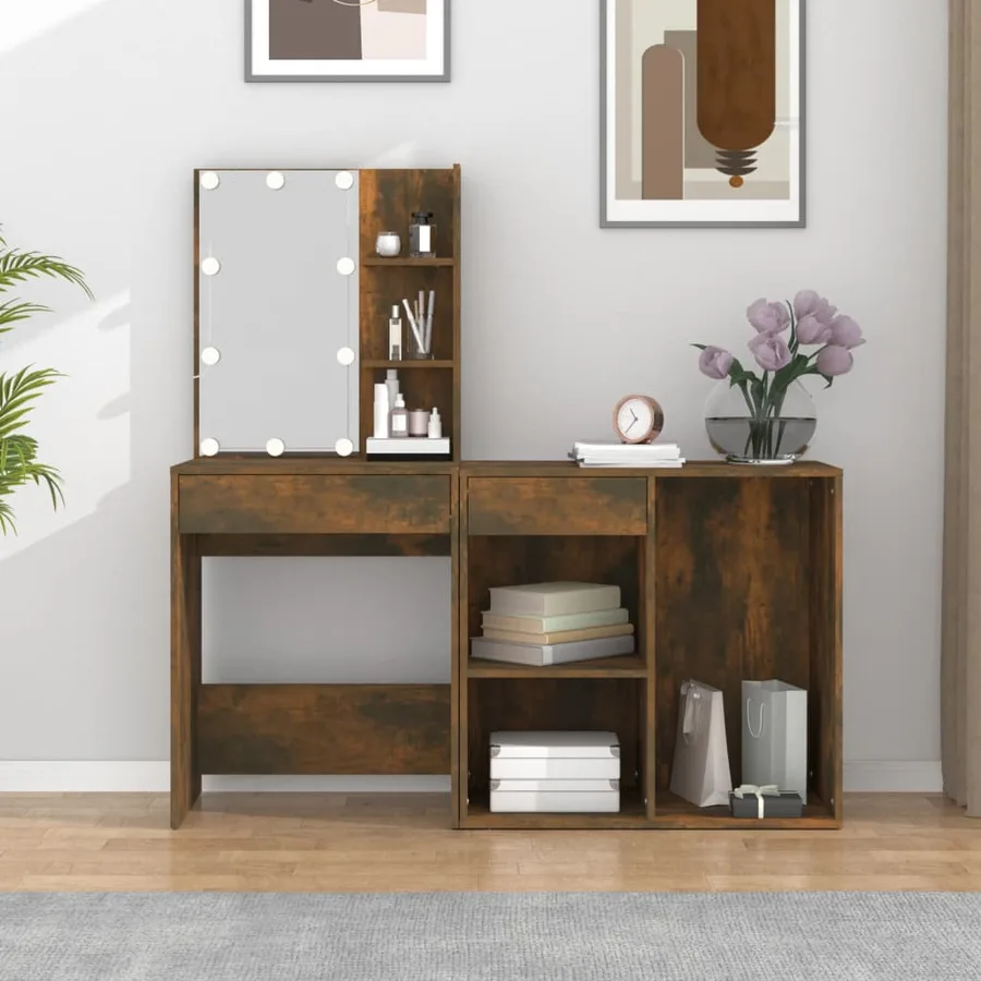 Coiffeuse à LED avec armoire Chêne fumé Bois d'ingénierie - 4