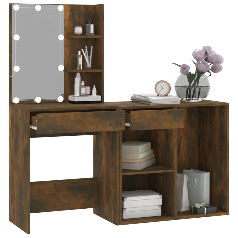 Coiffeuse à LED avec armoire Chêne fumé Bois d'ingénierie - 6