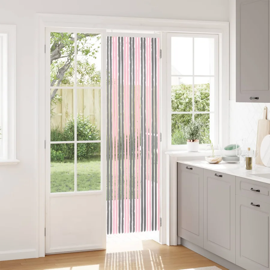 Rideau anti-insectes en chenille Gris Argent et Rose
