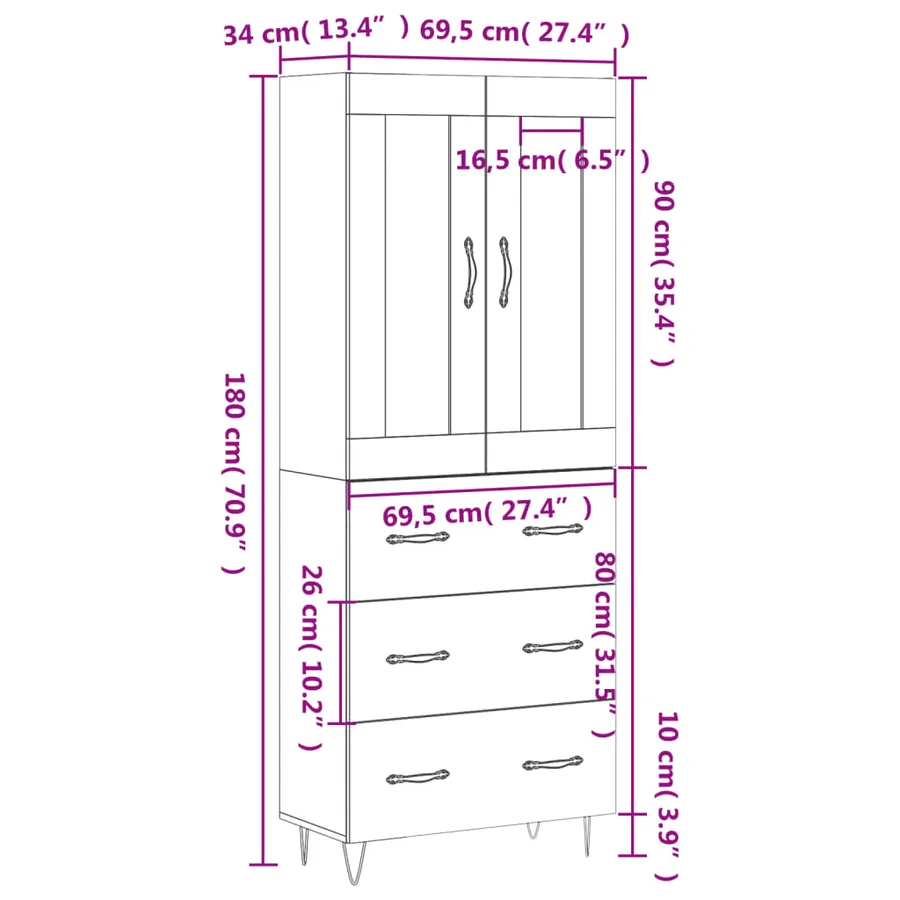 Buffet haut Gris béton 69,5x34x180 cm Bois d'ingénierie - 14