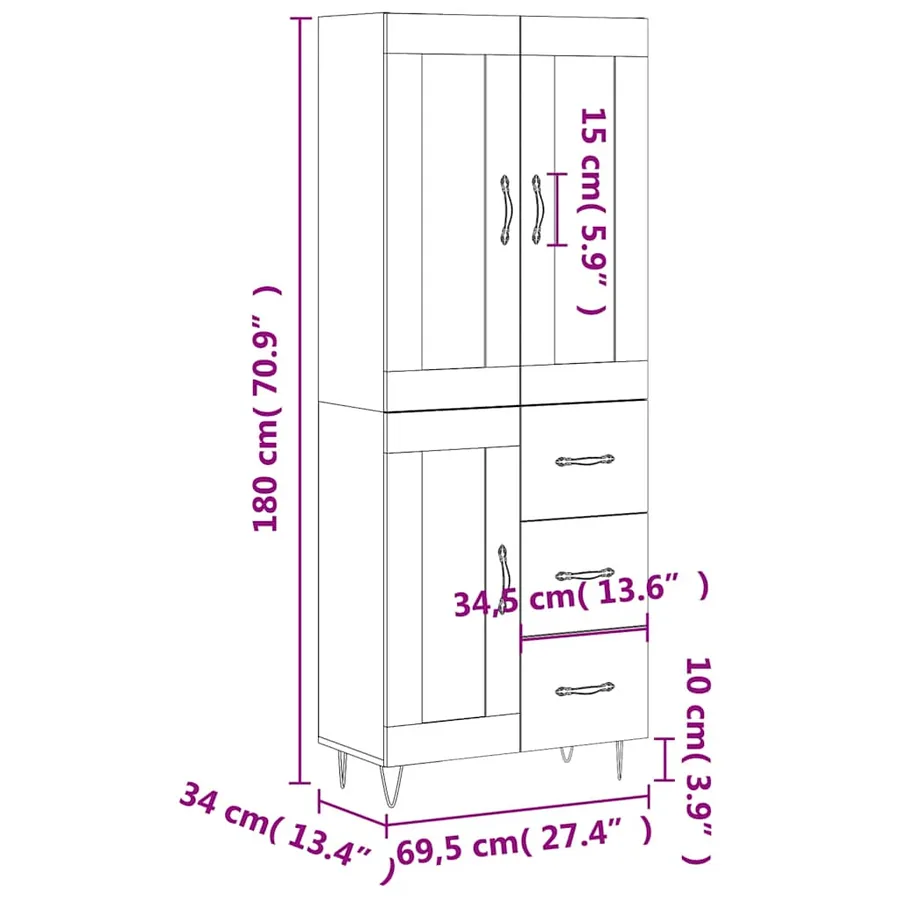 Buffet haut Chêne sonoma 69,5x34x180 cm Bois d'ingénierie - 14