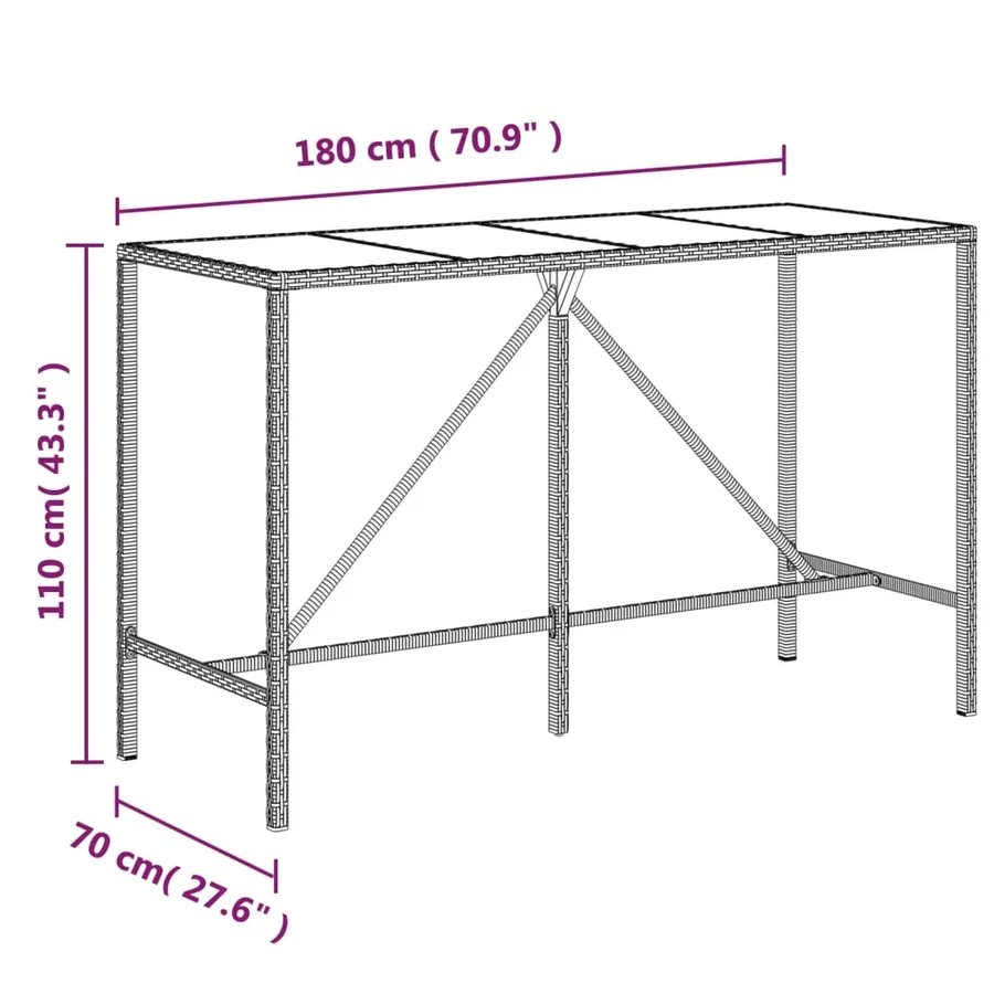 Table de bar et dessus en verre marron 180x70x110 cm poly rotin - 6