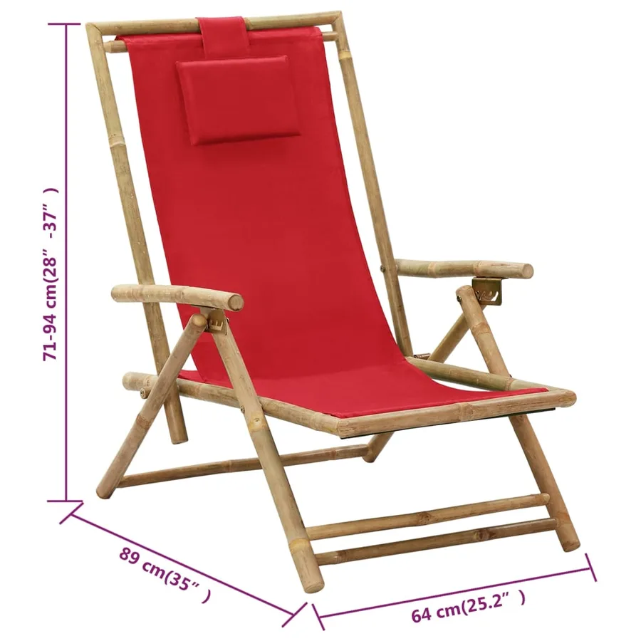 Chaise de relaxation inclinable Rouge Bambou et tissu - 8