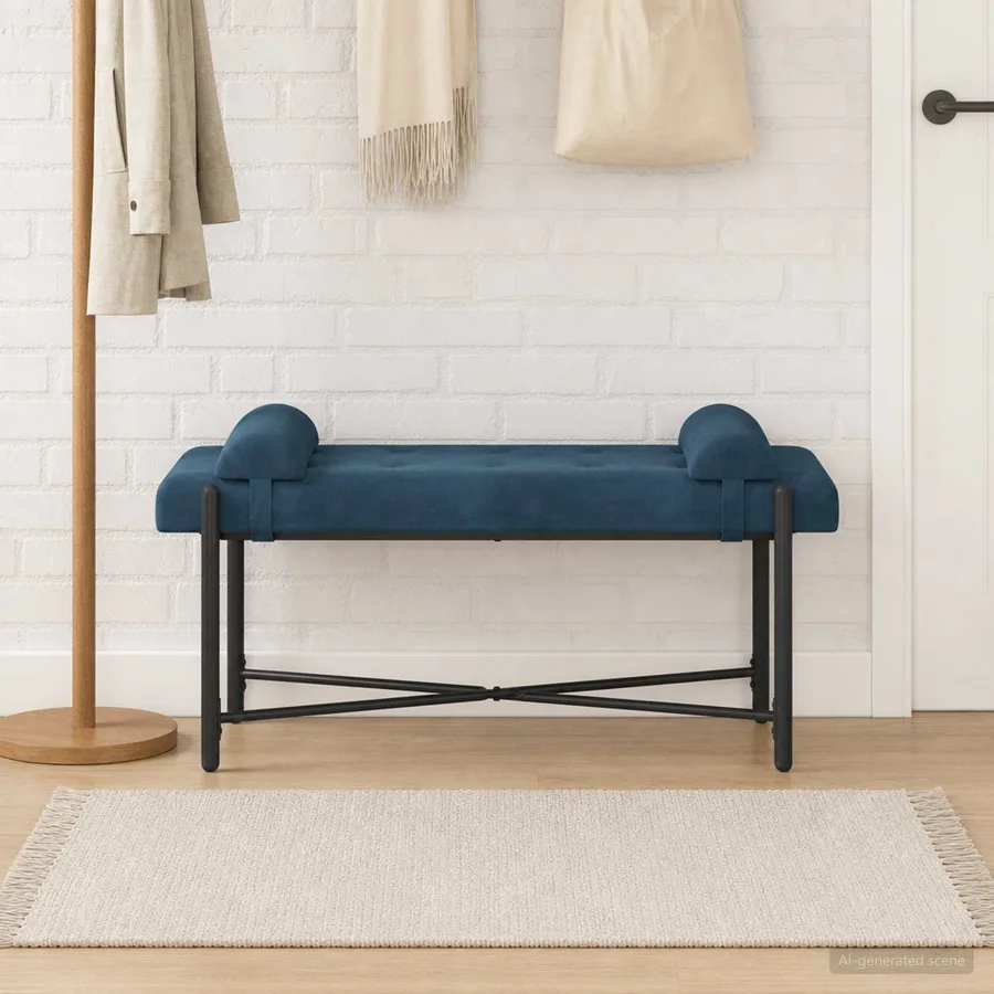 Banc capitonné à boutons avec coussins Bleu 110 x 40 x 46 cm - 3