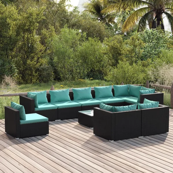 Salon de jardin 10 pcs avec coussins Résine tressée Noir