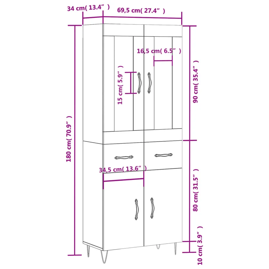 Buffet haut Gris béton 69,5x34x180 cm Bois d'ingénierie - 14