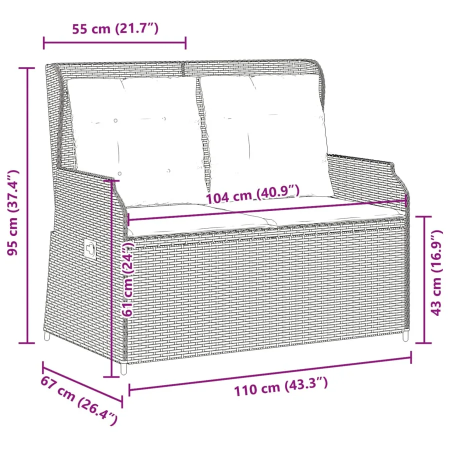 Banc inclinable de jardin avec coussins gris résine tressée - 9