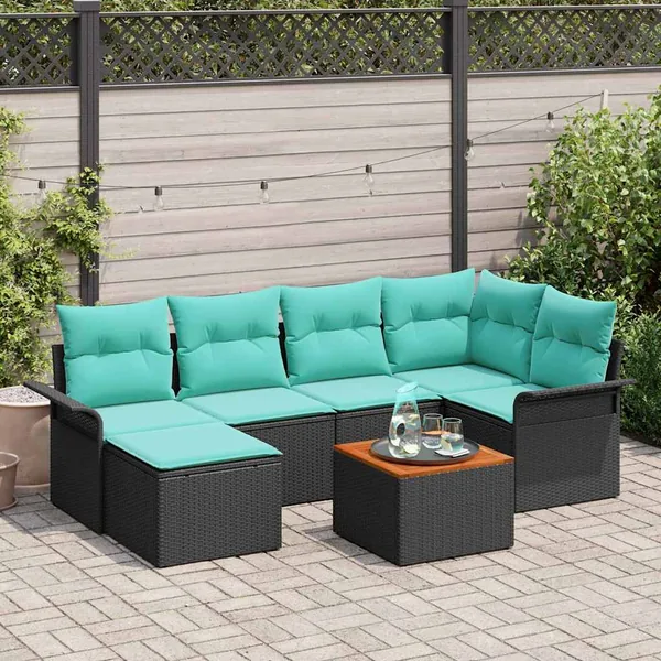 Ensemble de canapé de jardin 7 pcs Noir et turquoise polyrotin