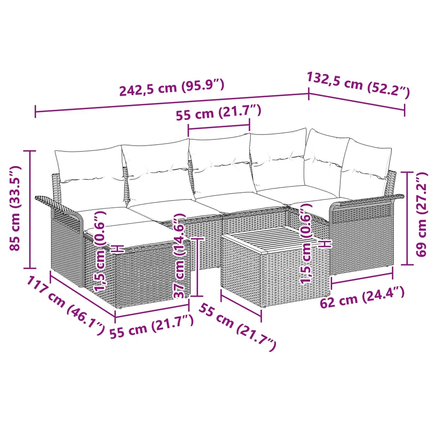Ensemble de canapé de jardin 7 pcs Noir et turquoise polyrotin - 15