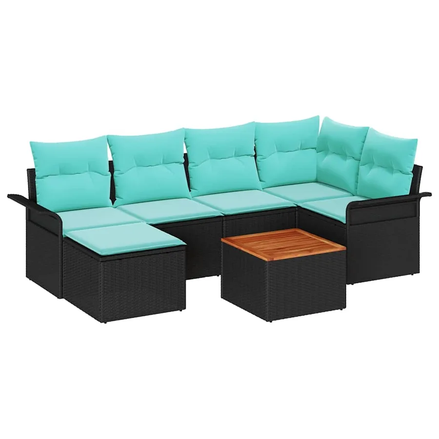 Ensemble de canapé de jardin 7 pcs Noir et turquoise polyrotin - 2