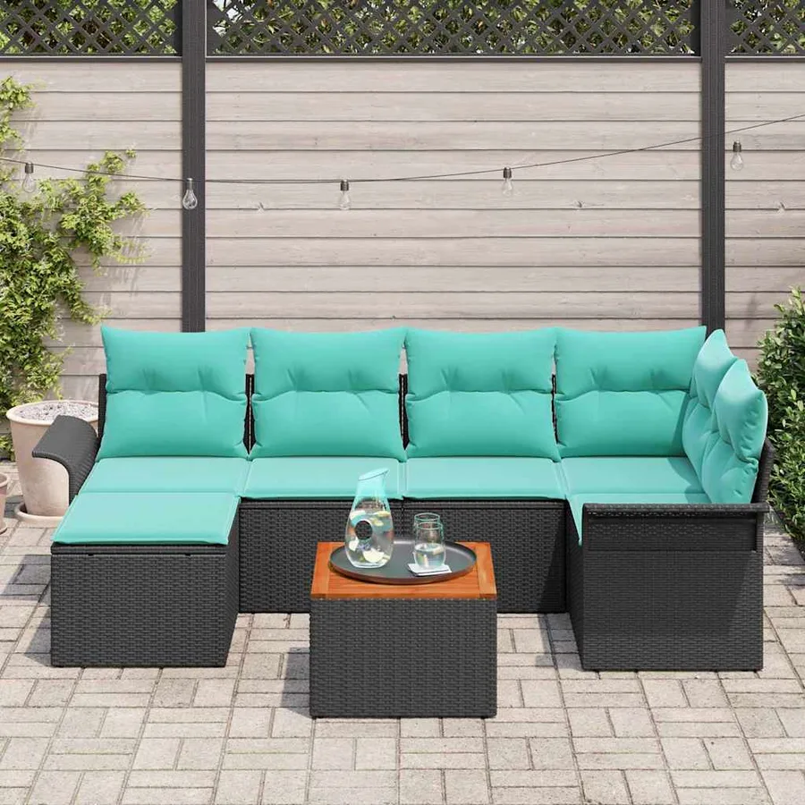 Ensemble de canapé de jardin 7 pcs Noir et turquoise polyrotin - 3